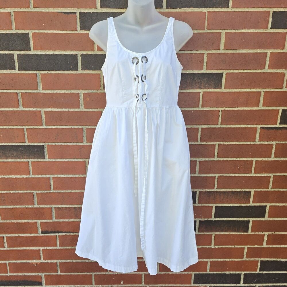 WHO WHAT WEAR Perfect White XS Dress Lace Up Tank Dress With Pockets Cotton